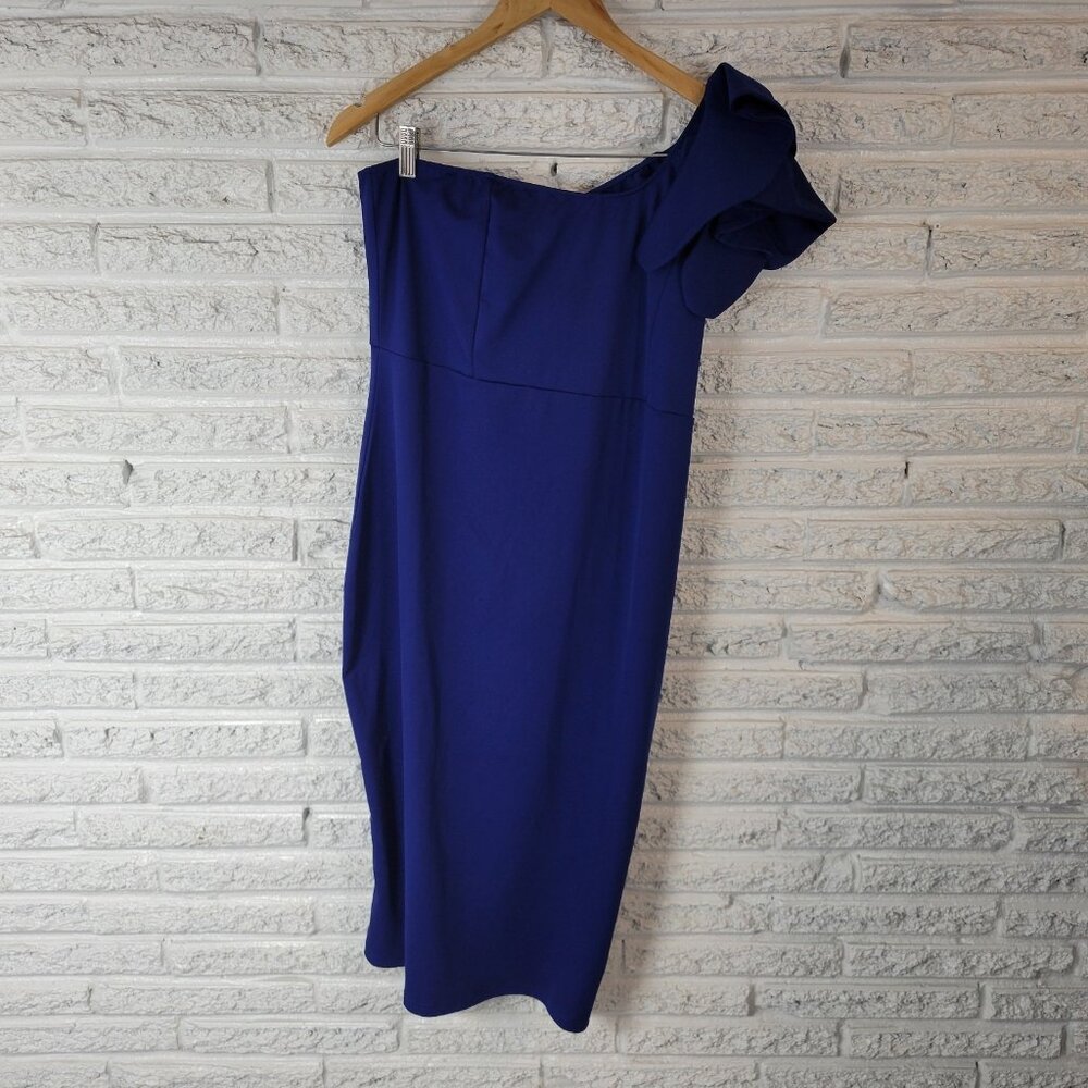 Mokoru XXL Womens Blue One Shoulder Ruffle Sleeve Sheath Party Dress Knee BLU17E